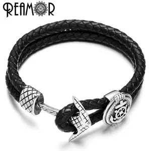 REAMOR 316l Stainless steel Compass Shield Bead Anchor Connector Charms Genuine Leather Men & Women Bracelets Bangles Jewelry