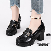 Nouvelles Chaussures Femme Style Tendance à Talons Épais 8cm, Bout Rond, Mocassins pour Dames avec Tige à Motif Quadrillé et Boucles sur les Deux Côtés CYu211-5