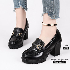 Nouvelles Chaussures <span class=keywords><strong>Femme</strong></span> Style Tendance à Talons Épais 8cm, Bout Rond, <span class=keywords><strong>Mocassins</strong></span> pour Dames avec Tige à Motif Quadrillé et Boucles sur les Deux Côtés CYu211-5 - Product Image 2