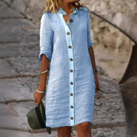 Robe longue décontractée en lin et coton pour femme, col chemise, manches mi-longues, grands boutons, style européen et américain, tenue d'été pour femme