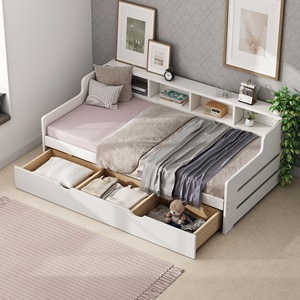<b>Sofa</b> <b>Bed</b> With 3 Storage Drawers White And Gray <b>Foam</b> Filling Bedroom Living Room Use - Product Image 1