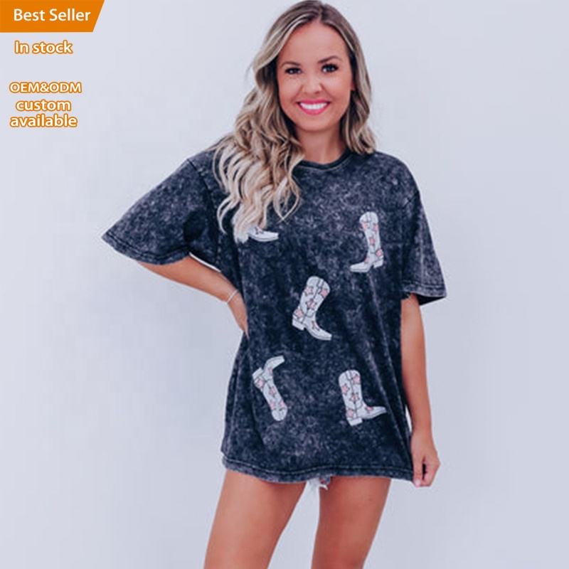 Loveda Hot Sale Summer Retro Printed T-shirts Women Black Starry Boots Graphic Mineral Washed Oversize Tee