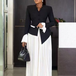Elegant Flared Sleeve Top Pleated Wide Leg Pants <b>Set</b> for Ladies Simple Office Wear Long Casual for Fat Women African Outfits - Product Image 3