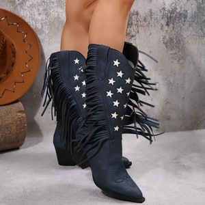 Bottes de cowboy occidentales pour femmes WETKISS, hiver, talon haut, dessus en velours, décorations en strass, large mollet, fermeture à enfiler - Product Image 4