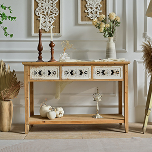 Living Room Entrance Hallway Classic Scalloped Edge Long Vintage <b>Rustic</b> Hall White Washed Wood and Metal <b>Console</b> <b>Table</b> - Product Image 1