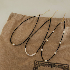 Collier en cristal noir élégant de style nouveau, collier vintage réglable, collier en perles d'eau douce coréen pour filles - Product Image 2