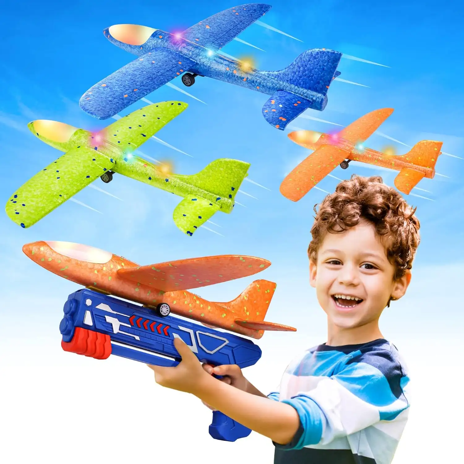 3-er Pack Flugzeug-Starthalschuh 13,2 Zoll LED-Schaum-Schwegblatt Katapult-Flugzeug-Spielzeug für Jungen 2 Flugmodi Outdoor-Flugzeugspielzeug
