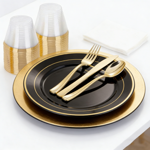 Ensemble de vaisselle en plastique écologique doré de 175 pièces pour mariages, fêtes, restaurants et hôtels, assiettes incluses - Product Image 1
