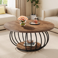 Table basse ronde industrielle de 39,4 pouces à 2 niveaux avec étagère de rangement, structure en métal, meubles de salon rustiques marron noir