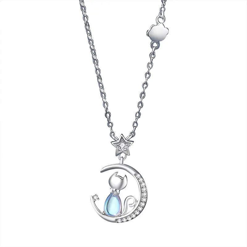 Moon and Cat Necklace Pendant with Clear Zirconia Authentic 925 Sterling Silver Amazon Women Necklace Jewelry Wholesale