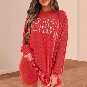 เซ็ตชุดใส่อยู่บ้านถักลายสำหรับผู้หญิงคอลเลคชั่นคริสต์มาส2025ชุดใส่เล่นแบบลำลองสีแดงเสื้อแขนยาวกางเกงขาสั้นมีสายรัดสุขสันต์วันคริสต์มาส - Product Image 3