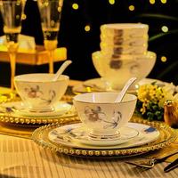 Service de table en porcelaine fine Golden Flower Jade, comprenant bols, assiettes, couvercle, pot et cuillère, idéal pour la maison, les restaurants, les hôtels et la décoration de table de mariage.