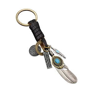 Collar de Cuero Vintage con Pluma Turquesa India <span class=keywords><strong>y</strong></span> Colgante de Moneda Grabada para Hombre, Joyería para Motero, Vaquero, Suéter Vaquero - Product Image 1