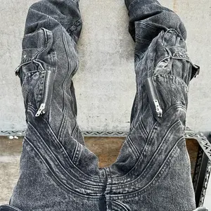 Custom Wave Patchwork Denim Pants Wholesale Boot Cut Faded Vintage Fashion Washed Jeans