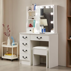 Juego <span class=keywords><strong>de</strong></span> maquillaje <span class=keywords><strong>de</strong></span> <span class=keywords><strong>tocador</strong></span> con espejo deslizante con luz, armario <span class=keywords><strong>de</strong></span> almacenamiento, cajones y taburete acolchado blanco - Product Image 6