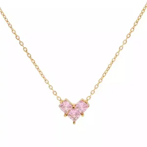 Ins French Style Shiny Pink Zirkon Herz 18 Karat PVD vergoldet Edelstahl Anhänger Halskette