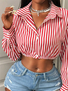 Camicia <span class=keywords><strong>Vintage</strong></span> Y2K a Righe con Patchwork per Donna, Top Corto con Colletto e Maniche Lunghe - Product Image 5