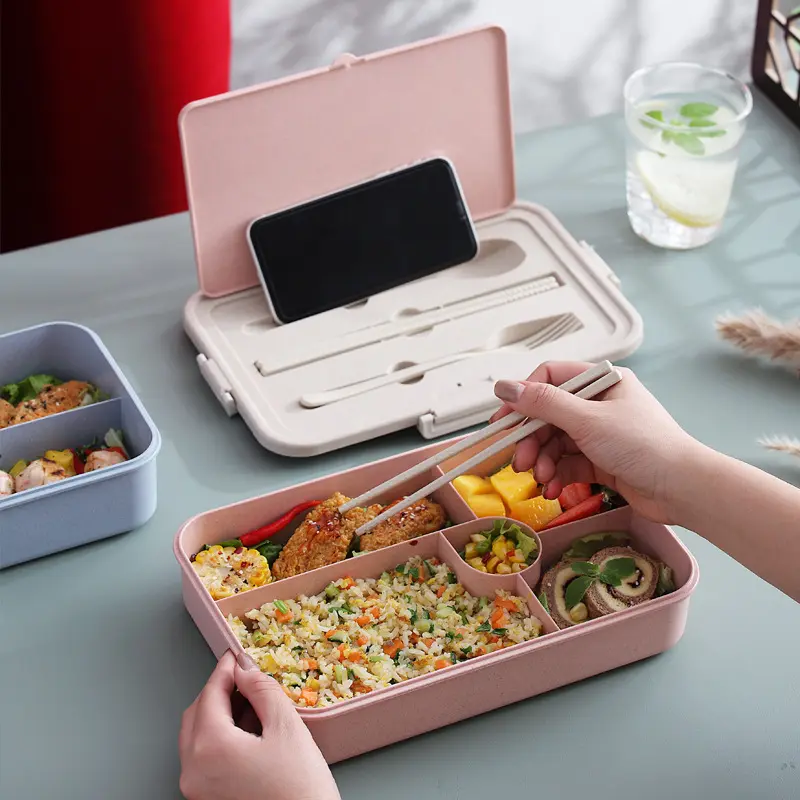 Bento-caja de almuerzo de Fibra de trigo ecológica, contenedor de comida, fiambrera con tenedor, cuchara, juego de cubiertos