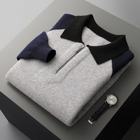 Pull en laine mérinos pure à 100 % pour homme, col polo demi-zip, épaissi, color-block