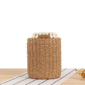 Sac fourre-tout de plage en paille tressée à la main pour femmes, avec perles en bois, style INS, simple et décontracté, sac seau rond - Product Image 4