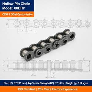 Chaîne de convoyeur à broches creuses rivetées à quatre points pour systèmes de lavage automobile, matériau thermiquement stable, support en acier au carbone 08BHP - Product Image 1