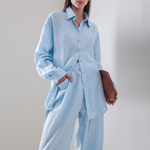 Boutique all'ingrosso 2025 estate ampia di <span class=keywords><strong>lino</strong></span> di cotone semplice camicia a maniche lunghe <span class=keywords><strong>pantaloni</strong></span> <span class=keywords><strong>lunghi</strong></span> Casual da donna - Product Image 1