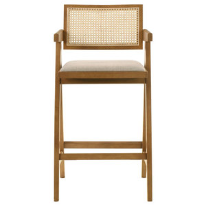 Modern Coffee Cafe Shop Armrest High Counter Kitchen Restaurant Wood Rattan Dining Bar Chair((Set of 2)) - Product Image 5