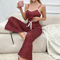 Custom Dot Print Lace Front Cami Top Pijamas Bambú Modal Long Lounge Pants Pijamas Loungewear Mujeres Set
