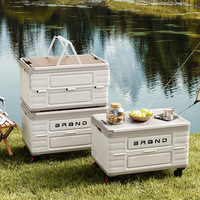 Boîte de rangement pliable et mobile d'extérieur avec couvercle en bois, grande capacité, pour camping, pique-nique, organisateur portable, utilitaire, voiture, salle de bain