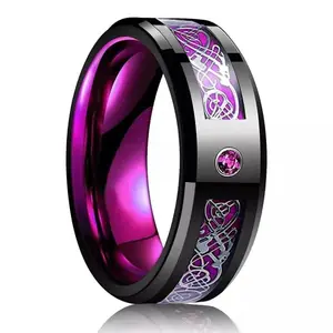 OEM grosir 8MM serat karbon dan batu permata Inlay Tungsten Band pria Tungsten Carbide cincin mode perhiasan cincin