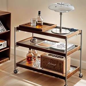 Mesa de centro de madera maciza estilo vintage con base de acero inoxidable, carrito retro móvil, mesa auxiliar multifuncional para sala de estar - Product Image 3