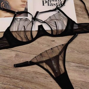 Ensemble de Lingerie en Maille Brodé pour Femme, Soutien-Gorge à Armatures et Culotte String, Ensemble 2 Pièces Transparent, Vente en Gros OEM ODM - Product Image 5