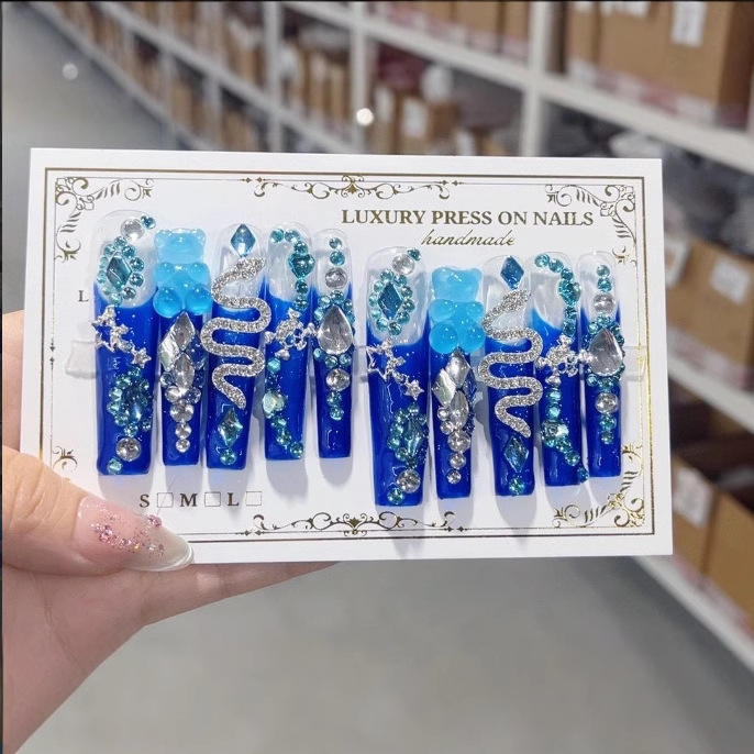 10 Piece Long Coffin Handcrafted False Nails Extensions Snake-Style 3D Design Silver Press on Type Artificial Fingernails