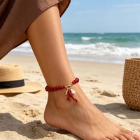 Chaîne de cheville réglable en perles baroques et disques de corail rouge avec fermoir OT, bijou de pied de luxe monocouche pour femme, idéal pour les vacances à la plage style bohème