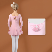 Justaucorps de ballet rose à manches longues pour filles BD4002 avec jupe et nœud découpé au dos, robe de danse une pièce pour enfants pour l'entraînement et la performance