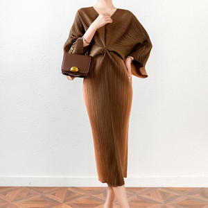 Fashional Mom Robe Vestido de mujer suelta personalidad gradiente Fit Vestido estampado señoras plisado <span class=keywords><strong>Vesto</strong></span> Batwing manga de talla grande tejido - Product Image 6