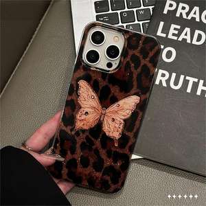 Suitable for iPhone 17 Pro Max case, <b>retro</b> glitter butterfly resin with glitter leopard print, large hole shockproof <b>phone</b> cover - Product Image 1