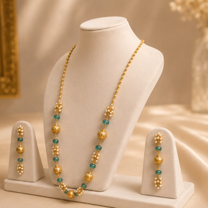 Ensemble collier et boucles d'oreilles classiques en or 24 carats et jade avec perles d'eau douce, parures de mariage pour femmes, motif floral - Product Image 5