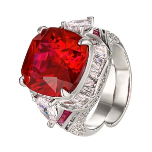 Vintage Jewelry Eco-friendly Copper 14*14MM Red Corundum Zircon Large Colorful Statement <b>Adjustable</b> <b>Rings</b> for Women - Product Image 1