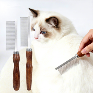 Peigne de toilettage pour animaux de compagnie, dents en métal et manche en bois massif (poignée ronde/conique) pour chats et chiens, peigne pour enlever les nœuds, les puces et les poils - Product Image 2