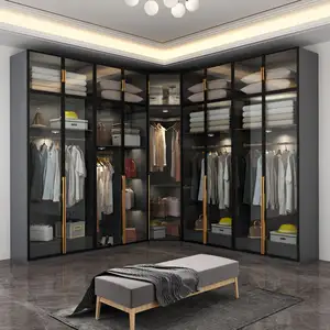 Moderne Glazen Deur Houten Garderobe Kasten Slaapkamer Meubels Garderobe Kast Ontwerpen Garderobe Kleding Organizer