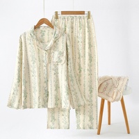 Sweethoney – pyjama en pur coton pour femmes, ensemble de vêtements de maison à manches longues, léger et ample, en crêpe, longueur complète, col à revers, printemps-automne