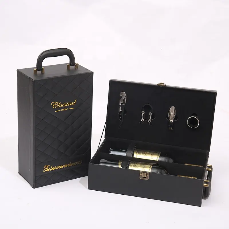 Special spot leather high-end PU red wine gift box double wine packaging leather box 2 black leather case