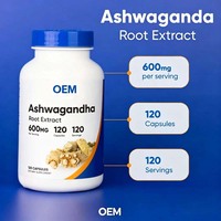 Capsules d'extrait de racine d'ashwagandha en marque privée OEM, 600 mg, 120 unités, complément alimentaire en gros