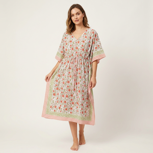 Korean Floral Print V-neck ELEGANT <b>Kaftan</b> Short Cotton Cover-Up <b>Summer</b> Beach 100% Cotton Lace Decoration Natural Waistline - Product Image 1
