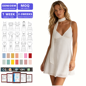 White Choker Neck Sleeveless Mini <b>Dress</b> <b>Boho</b> Style Spaghetti Strap Loose Fit Solid Color Breathable Linen <b>Summer</b> Casual <b>Dress</b> - Product Image 1