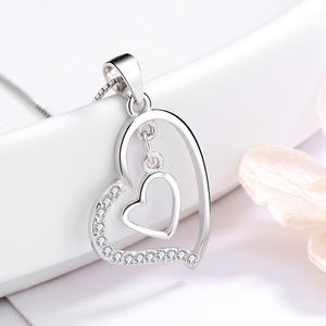 925 Sterling <b>Silver</b> Double <b>Heart</b> Women's <b>Necklace</b> Rhodium Plated with Pave Zircon Stone Trendy Style for Wedding Engagement Gift - Product Image 4