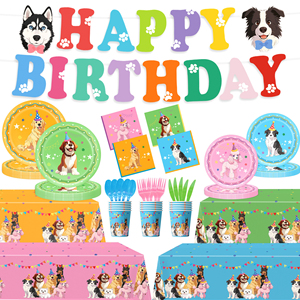 Großhandel Welpen-Party-Set Pappteller Becher Servietten Tischdecke Happy Birthday Banner Tortendekoration Ballon für Haustier-Party-Deko - Product Image 2