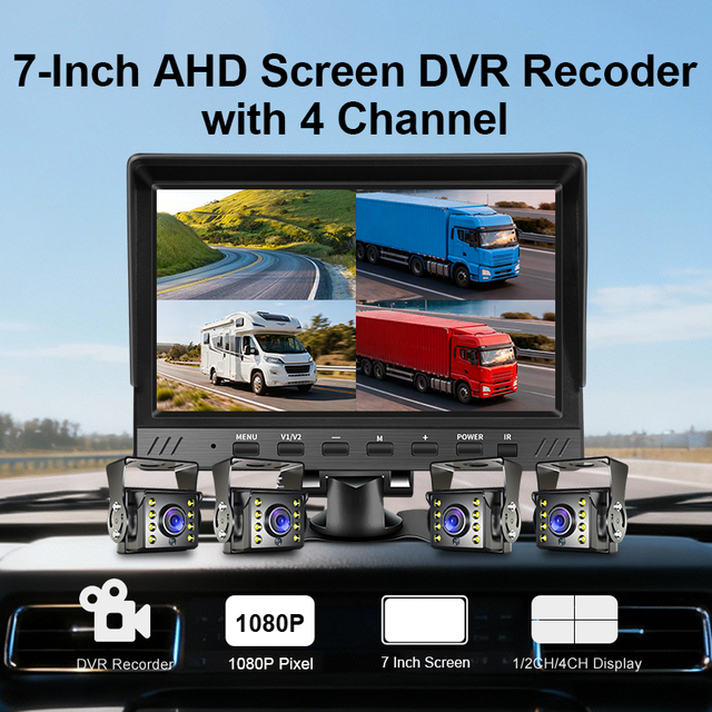 Wireless Back up Camera System 7 Inch Car Rear View Monitor with 4 Cameras DVR Recorder AHD for Truck