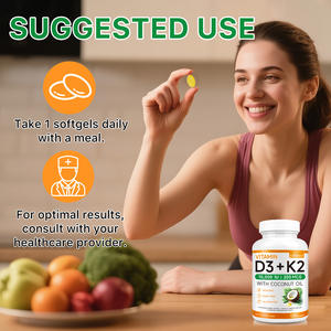 Integratore di <span class=keywords><strong>Vitamina</strong></span> <span class=keywords><strong>D3</strong></span> e K2 in Capsule Softgel <span class=keywords><strong>con</strong></span> Olio di Cocco, Non-OGM, Supporto Immunitario, Etichetta Privata - Product Image 5